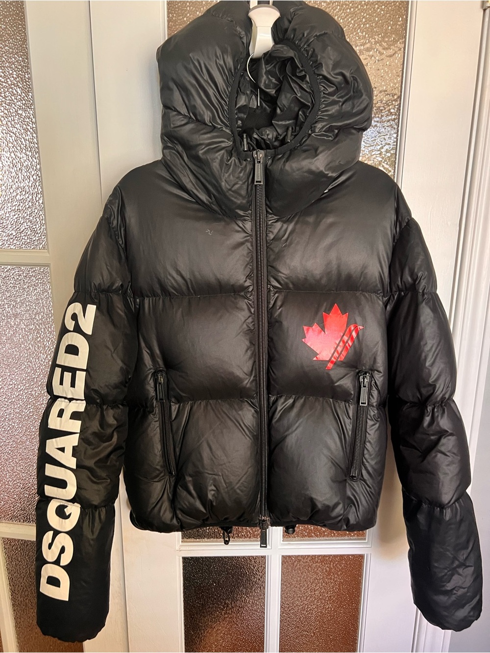 DSQUARED2 Black Women Puffer Jacket with Red Maple Graphic